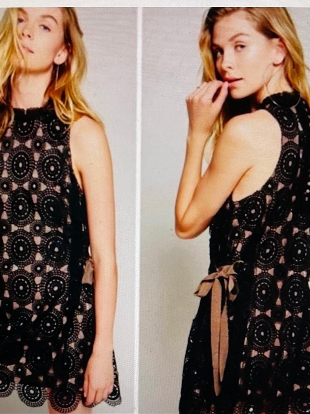 Free People Sleeveless Black Crochet Overlay Dress with Taupe Lining and Belt - Picture 9 of 9
